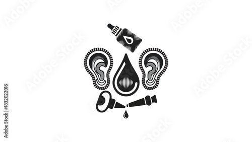 Black and white graphic illustration of ears and ear drops bottles