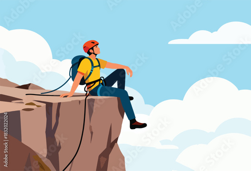 A climber rests on a cliff edge, looking upward at the sky, with a rope tied to their gear and clouds
