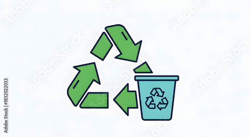 Recycling symbol with arrows and recycling bin on blue background  