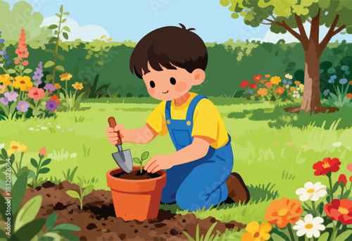 A cartoon child kneels in a garden, planting a seedling in a pot. Colorful flowers and trees surround