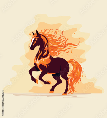 Vector illustration of a fiery horse, with a flaming mane and tail in dynamics. Flat style