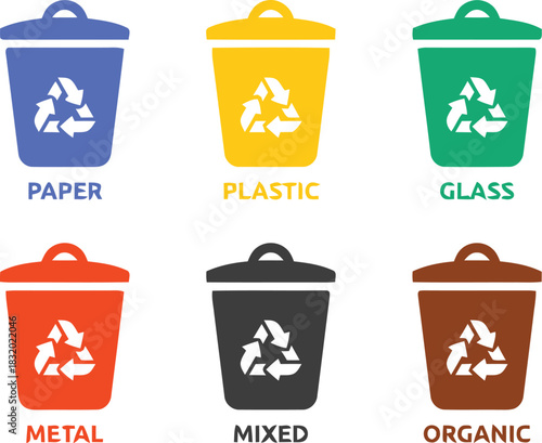 recycling, bins, waste, paper, plastic, glass, metal, mixed, organic, garbage, trash, containers, sorting, disposal, environment, sustainability, eco friendly, collection, refuse, rubbish, segregation