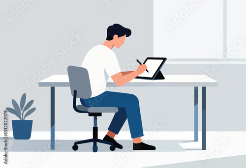 A person sketches on a tablet at a minimalist desk, beside a plant, in a pale room, with natural light