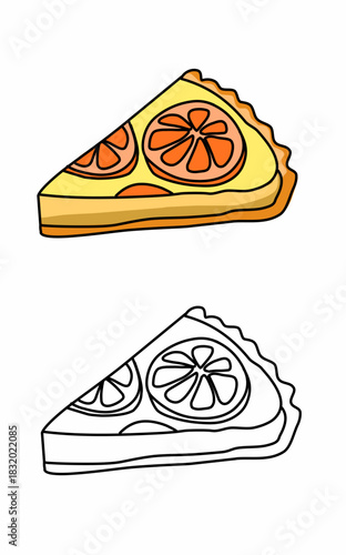 a piece of orange pie with a slice of orange fruit on top coloring page for kids worksheet