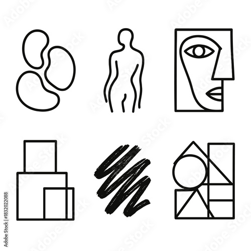 Abstract Art Icons. Art Styles Set linear icon set: abstract shape, line art figure, cubist form, minimalist block, textured stroke, geometric composition