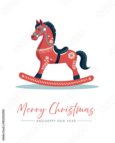Postcard for Christmas and New Year with the image of a red wooden horse with ornaments