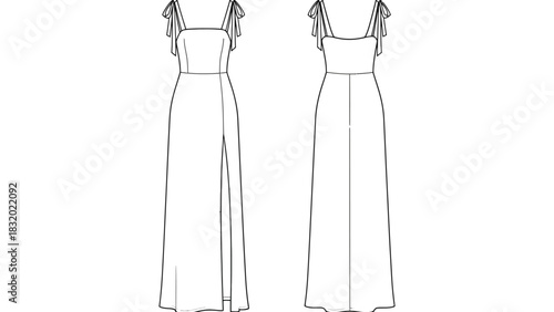 Dress technical drawing with spaghetti straps and a side slit view