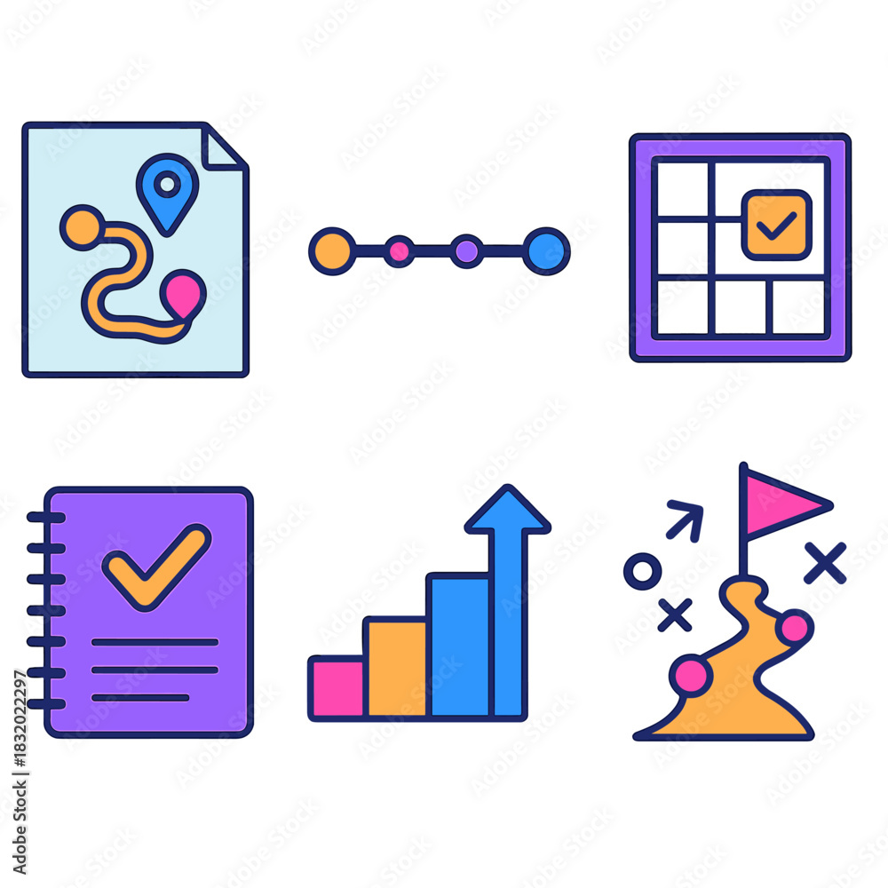 Obraz premium Minimalistic Strategic Planning. Strategic Planning flat icon set: roadmap sheet, timeline bar, goal marker, priority grid, strategy arrows, planning notebook, step sequence