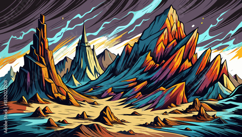 Dramatic stormy mountain landscape dominated by towering jagged rocks, harsh cutting winds, shifting darkness, and an intense cold atmosphere surrounding the rugged cliffs