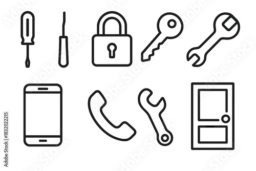 Unlocking Tools Icons. Emergency unlock concept linear icon set: screwdriver, lockpick tool, padlock, key, phone, call icon, wrench, door