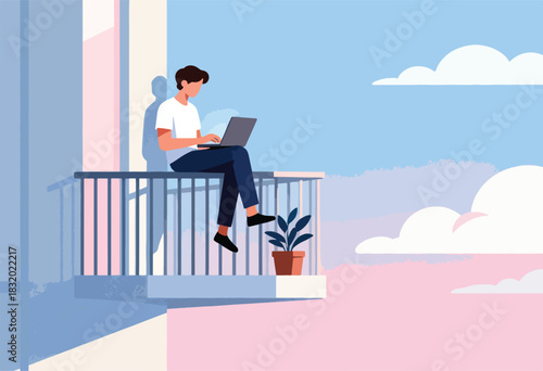 A person sits with a laptop on a balcony, surrounded by plants and clouds, working outdoors