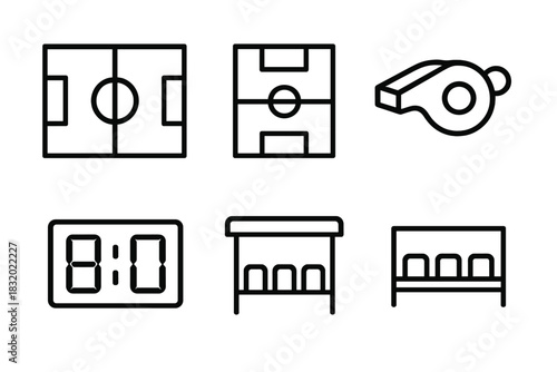 Sports Field Icons. Field Layout linear icon set: center circle, goal crease, boundary lines, referee whistle, scoreboard, team bench