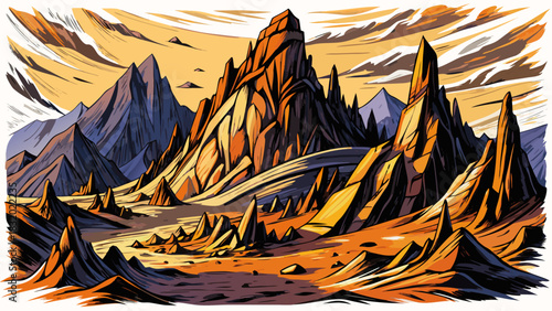 Dramatic stormy mountain landscape dominated by towering jagged rocks, harsh cutting winds, shifting darkness, and an intense cold atmosphere surrounding the rugged cliffs