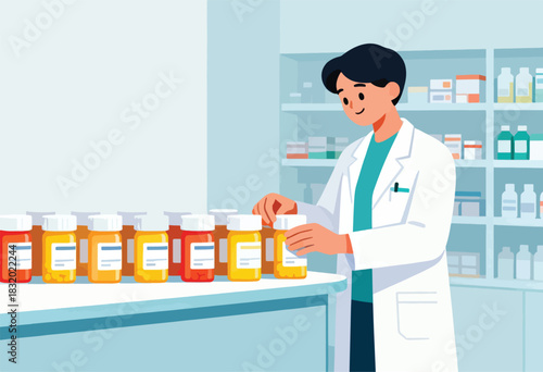 A pharmacist in a white coat examines medicine bottles on a countertop, shelves stocked in the background