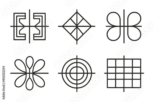 Geometric Symmetry Icons. Geometric Symmetry linear icon set. mirrored shapes, reflection line, rotational pattern, axis grid, repeating forms, balanced design.