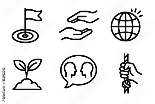Icons of Meaningful Work. Meaningful Work Set linear icon set: goal flag, supportive gesture, impact icon, growth plant, shared vision bubble, commitment line