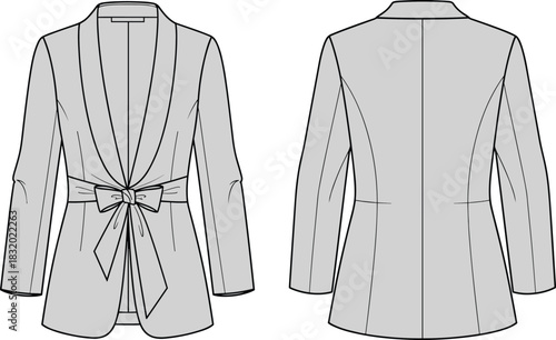 Women’s blazer sketch, shawl collar, waist tie belt, long sleeves, front and back view, CAD streetwear flat vector