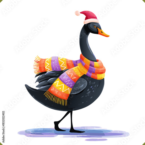 Vector illustration of a colorful swan in a vibrant geometric style, wearing a hat and scarf, isolated on a white background