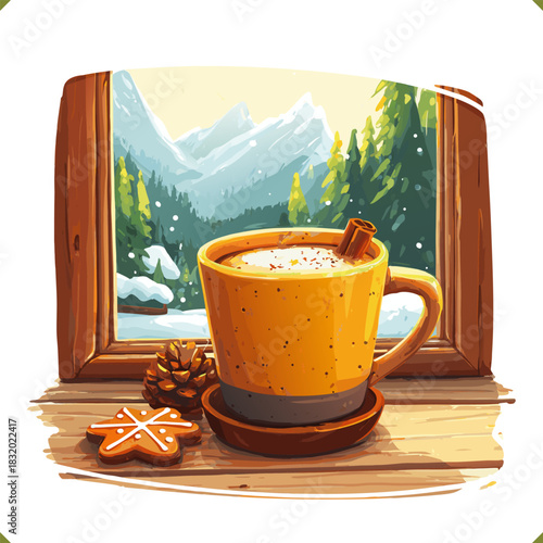 Vector illustration of a cozy winter coffee mug with cinnamon on a wooden windowsill, snowy mountains outside, isolated on a white background. Vector illustration of hot beverage on white background