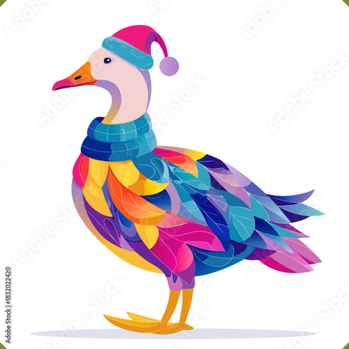 Vector illustration of a colorful goose in a vibrant geometric style, wearing a hat and scarf, isolated on a white background