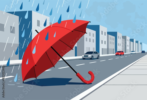 A rainy street scene features a tilted red umbrella, rain, buildings, and cars on the road