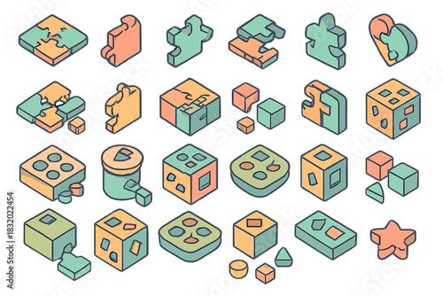 Colorful geometric shapes and puzzle pieces arranged in a playful design on a white background