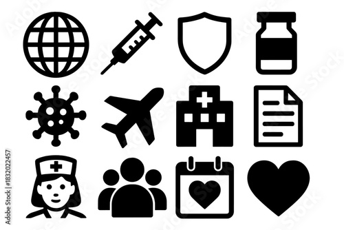 Global Immunity Icons. Global Immunity silhouette icon set. globe, syringe, shield, vaccine vial, virus particle, airplane, hospital, document, nurse, people group, calendar, heart