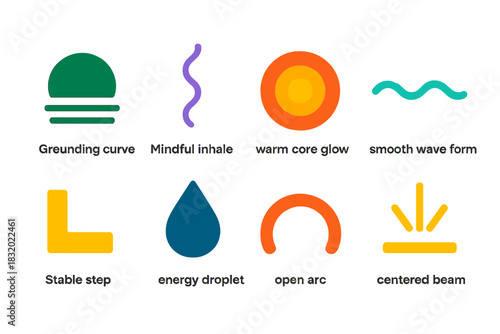 Minimal Vibrant Calibration Icons. Holistic Calibration flat icon set: grounding curve, mindful inhale line, warm core glow, smooth wave form, stable step mark, energy droplet