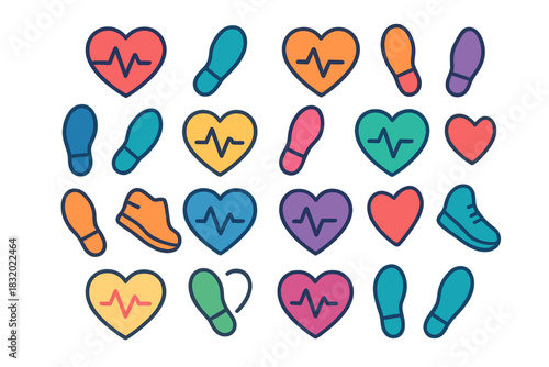 Heartbeat and footprints design representing health and fitness activities in vibrant colors