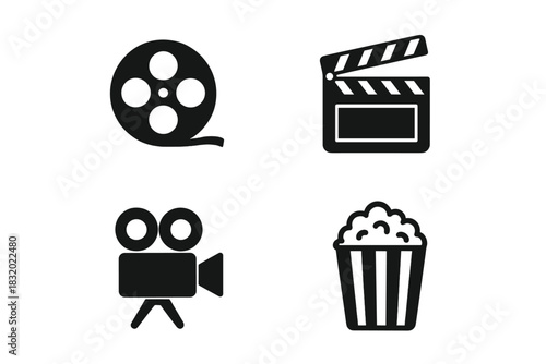Film production tools including camera, clapperboard, film reel, and popcorn showcased together in a creative layout