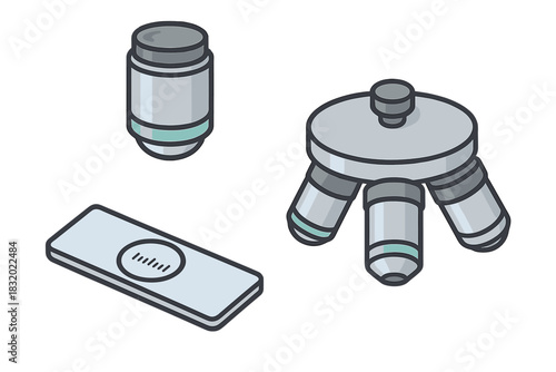 Microscope parts including objectives, stage, and slide demonstrate scientific exploration and observation tools in a lab setting