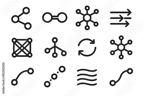 Network Systems Icons. Connected Systems Icons linear icon set: node cluster, shared link bar, hub connector circle, data flow stripe, mesh path tile, routing point icon, synced