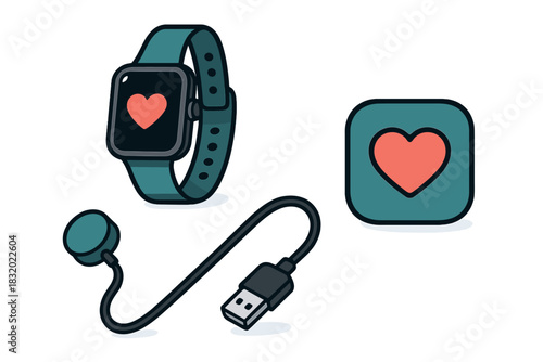 Smartwatch with heart icon and charging cable designed for fitness tracking and health monitoring