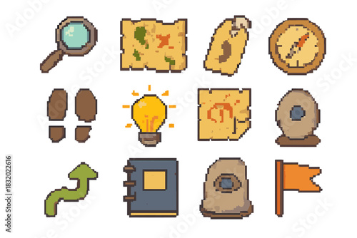 Discovery Icons Set. Discovery Elements pixel style icon set: magnifying lens, map fragment, hidden clue tag, compass point, trail footprint, idea spark chip, unveiled symbol
