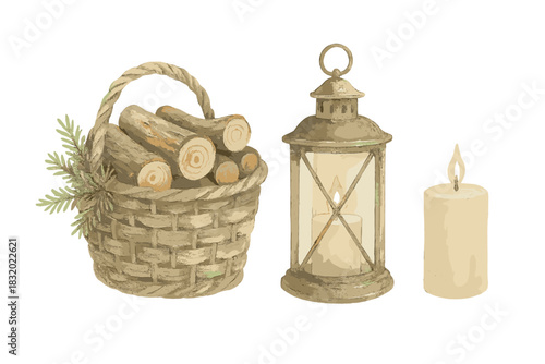 Decorative basket with firewood, lantern, and candle arranged in a cozy indoor setting