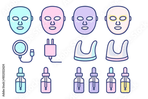 Beauty care tools and products including face masks, serums, and devices for skincare routines at home