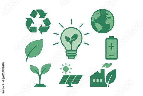 Green symbols representing sustainability, renewable energy, and eco-friendly practices in a modern design