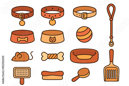 Collection of colorful pet accessories including collars, bowls, toys, and grooming tools
