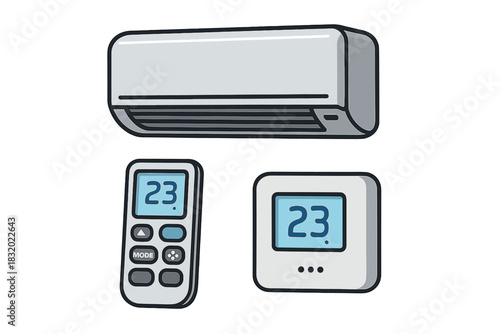 Wall-mounted air conditioning unit with remote control and thermostat display showing temperature settings