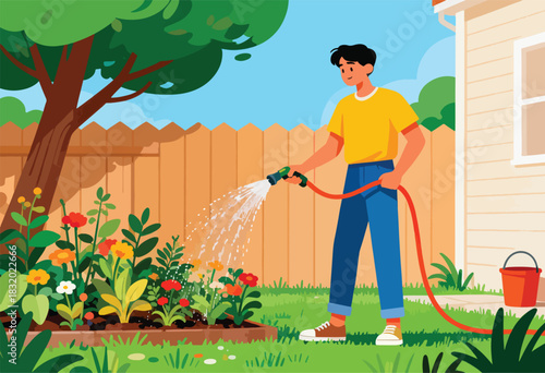 Illustration of a person watering a flower bed in a backyard on a sunny day