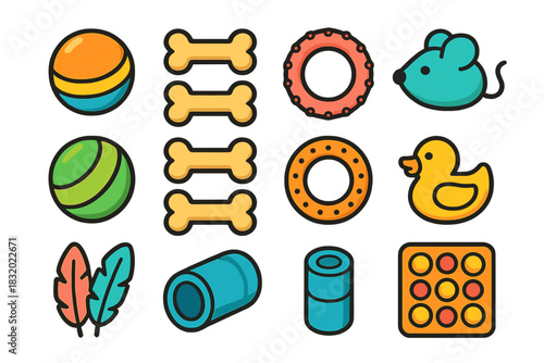Colorful collection of pet toys including balls, bones, and a rubber duck arranged neatly on a white background