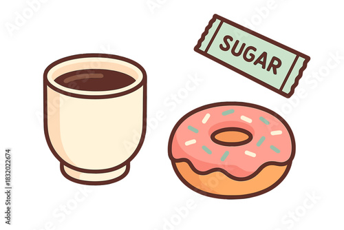 Enjoying coffee and a pink donut with sugar packet in a cozy breakfast setting