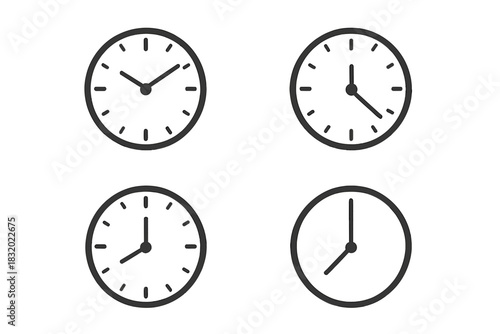 Various clock designs showing different times in a minimalist style ideal for modern decor or educational purposes