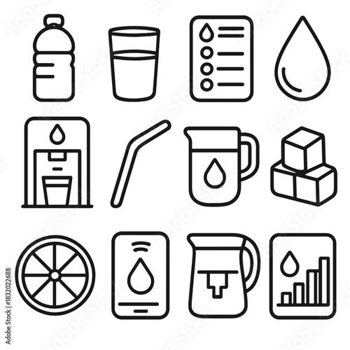 Hydration Icon Essentials. Daily Hydration Essentials linear icon set. water bottle, glass of water, hydration tracker, droplet symbol, refill station, reusable straw, pitcher, ice