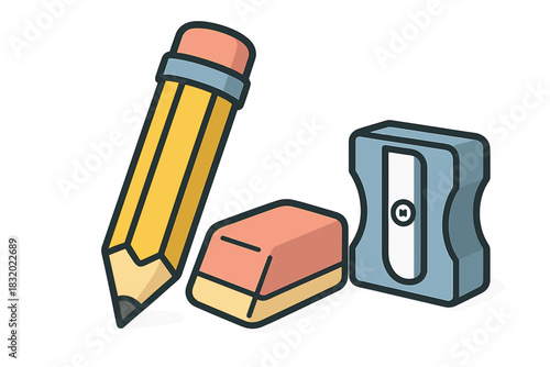 Brightly colored pencil, eraser, and sharpener arranged together for school supplies and art projects