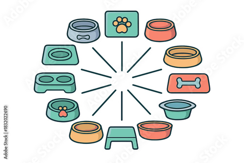 Variety of colorful pet food and water bowls arranged in a circular pattern on a plain background