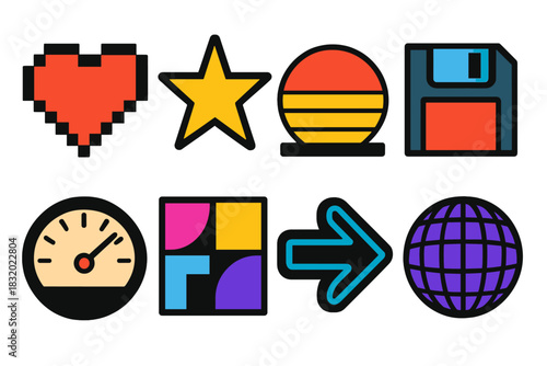 Retro Brutalist Icons. Retro symbols silhouette icon set: pixel heart, pixel star, gradient sunset, floppy icon, analog dial, geometric pattern block, neon arrow, 80s grid sphere