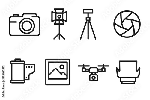 Photography Icon Set. Photographer linear icon set: compact camera, studio light, tripod, aperture blades, photo reel, gallery image, drone camera, lens hood