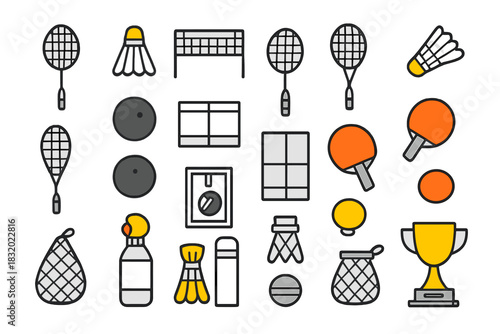 Colorful illustrations of various sports equipment on a bright background featuring badminton, tennis, and table tennis items
