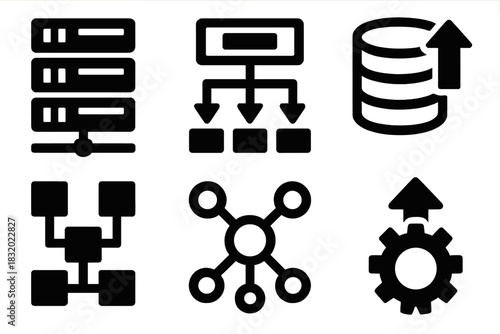 Scalability Icon Set. System Scalability silhouette icon set: server cluster, load balancer, database growth, infrastructure diagram, network expansion, scalability gear